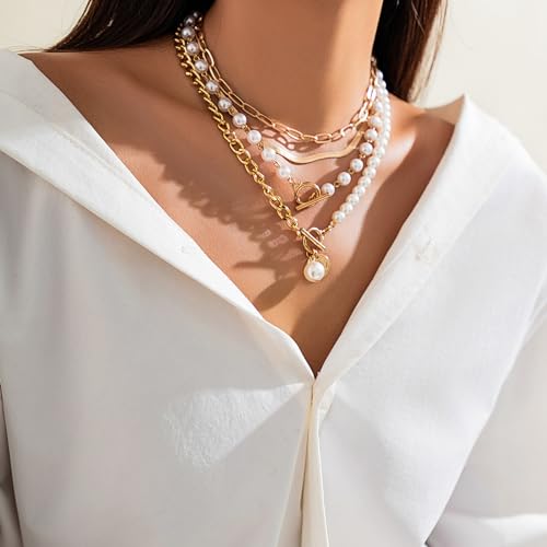 Gold Layered Chunky Necklace for Women Paperclip Chain Pearl Necklace Herringbone Necklace Gold Chunky Necklaces3