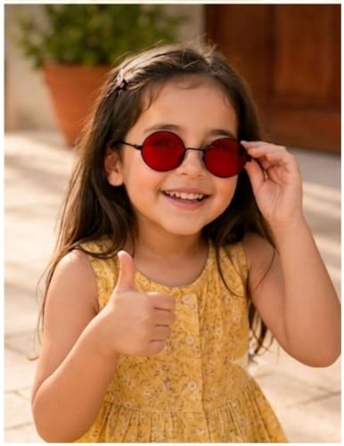 Image of BookMyCostume Kids Round Red Sunglasses - Circular Sunshades for Boys and Girls - Fashion Summer Outdoor Eyewear Accessory for Birthday, Photo Shoots, and Fancy Dress | Aged 2 to 8 Years