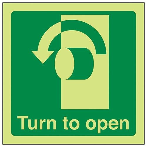 V Safety Glow In The Dark Turn To Open (Anti-Clockwise) Door Sign - 100mm x 100mm - Rigid Plastic