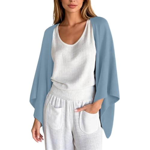 Foweknow Boléro en lin pour femme - Manches courtes - Veste fine - Élégante et aérée - Pour robe de soirée - Cardigan léger - Transparent, 01 bleu ciel., L