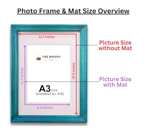 Image of A4 Size Wooden Photo Frame with Mat, Blue Photo Frame for Wall Decoration, Home Decor for Wall Hanging, Best Wooden Photo Frame for Posters and Photos (A3 Size Matted to A4 Size)