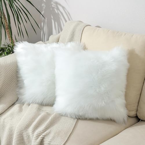 linmopm Excluding Insert Faux Fur Sheepskin Pillow Cover White Shag Fuzzy 18x18 Inch White 2 Pcs Super Soft Fluffy Cushion Plush Pillow Case Luxury Living Room Sofa Bed Home Decor Chair Cushion