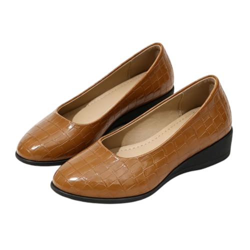Womens Orthopedic Leather Low Wedge Slip On Heel Pumps,Round Toe Comfortable Flats,Elegant Closed Toe Shoes [���s�A���i]