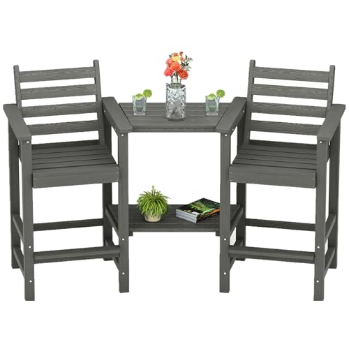 GLANC Tall Adirondack Chairs Set of 2, All Weather Resistant HDPE Bar Height Balcony Adirondack Chair with Removable Connecting Trays, Outdoor Adirondack Barstools for Deck Patio Pool Lawn (Grey)