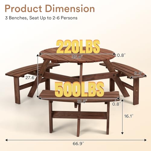 Zevemomo 6-Person Wood Picnic Table, Round Tabletop with Umbrella Hole, 3 Built-in Curved Benches, 1720LBS Total Capacity for Balcony, Garden, Brown