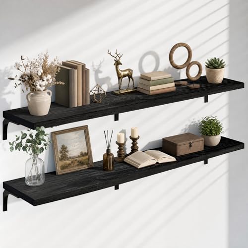 Image of 72 Inch Floating Shelves Set of 2, 12 Inch Deep Extra Long Black Solid Wood Wall Shelves with 120 lbs Capacity, 6ft Heavy Duty Farmhouse Wall Mounted Shelving for Living Room & Kitchen