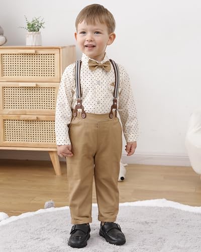 Image of YALLET Toddler Baby Boy Clothes Suit Gentleman Wedding Outfits Formal Dress Shirt+Bowtie+Suspender Pants