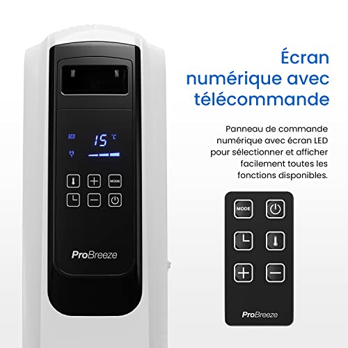 pro breeze radiateur numérique à bain d’huile 2500w, mobile, chauffage électrique 10 éléments, minuteur intégré, 4 puissances de chauffage, thermostat, télécommande