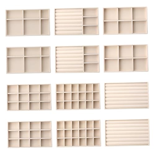 Bandeja de organizador de joyas, bandeja de joyería de terciopelo 12 piezas de cajón de estilo variado Inserta el almacenamiento de la placa de densidad para aretes, anillos, broches, relojes, collar