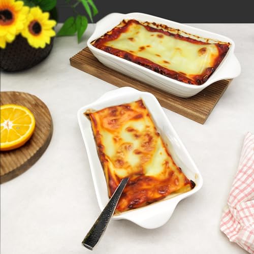 8" x 5" Baking Dish, Lasagna Pan, Rectangular Baking Pan 18 oz, Ceramic Baking Dish with Handles(9.8 IN) For Casserole, Lasagna, Gratin, Broiling, Roasting, and Baking, White