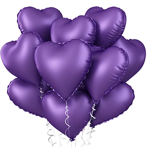 Image of Purple Heart Balloon, 10PCS Purple Foil Heart Balloons, 18inch Metallic Purple Heart Shape Foil Balloons for Helium Birthday Party Decorations for Brithday Party, Valentines Day, Wedding, Anniversary