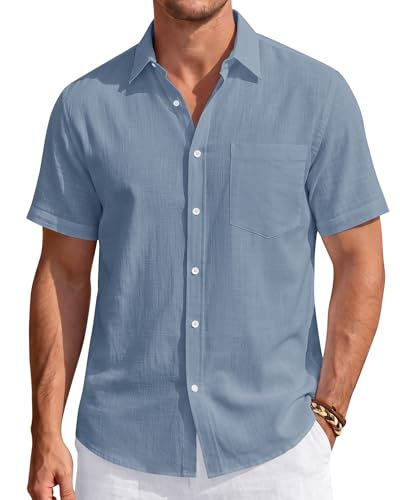 J.VER Men's Linen Short Sleeve Shirts Cotton Casual Lightweight Button Down Shirt Beach Vacation Summer Tops with Pocket Blue Medium