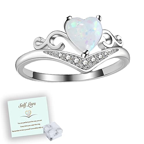 OVNMFH Self Love Silver Opal Heart Ring, Anello a Forma di V Bianco a Forma di Cuore, Simpatico Anello Nuziale in zircone Bianco, Regalo di Ispirazione Perfetto per Te Stesso (6)