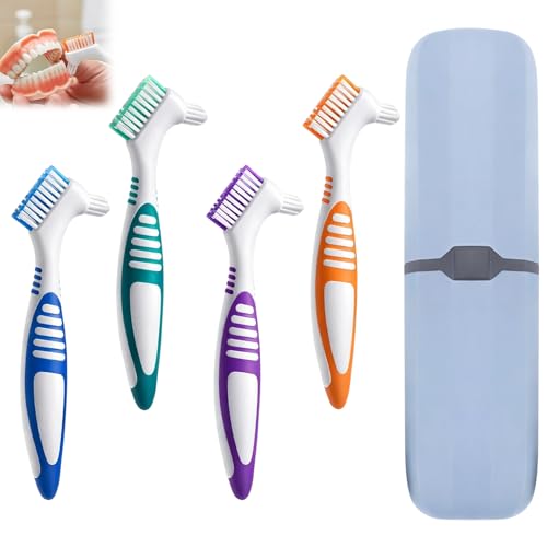 ikBrtaiay 4 Stück Tragbare Prothesenreinigungsbürste Zahnprothesen Bürste Set(4 Farben) mit 1 Tragbare Zahnbürstenbox Zahnbürste Für Prothesen Doppelseitige Denture Brush für Die Prothesenpflege