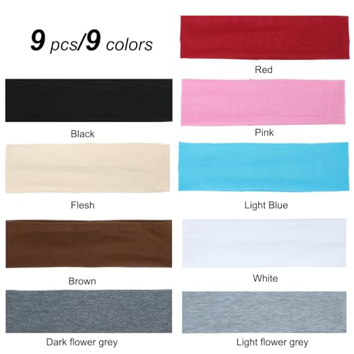 Image of 9Pcs Headbands for Women Non Slip Headband, Soft Elastic Hair Bands for Women's Hair, Fashion Cotton Cloth Stretchy Sweat Bands Headbands for Sports, Makeup, Gym, Running, Yoga, Workout (9Colors-B)