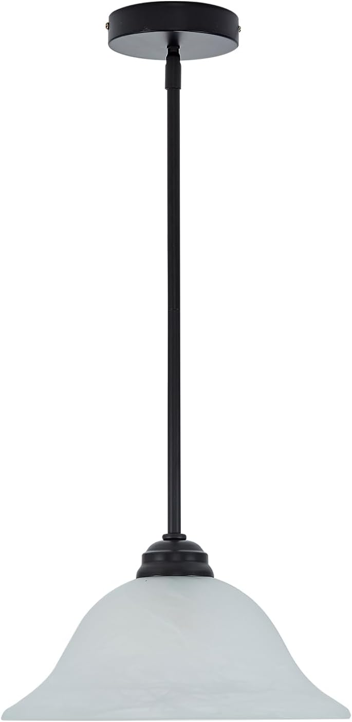 Modern Alabaster Glass Pendant Light Adjustable Rod Pendant Lighting Fixture for Kitchen Sink Bar Dining Room, 12“D (Black)