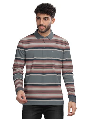 Image of BULLMER Striped Textured Printed Polo Neck Fullsleeve T-Shirt with Rib for Men
