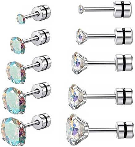 ZOCOYUU 5 Pairs Titanium Screw Back Surgical Stainless Steel Stud Earrings for Women Men,Rainbow 5A Cubic Zirconia 20G Helix Piercing Jewelry Cartilage Earrings for Sensitive Ears Sleeper Studs
