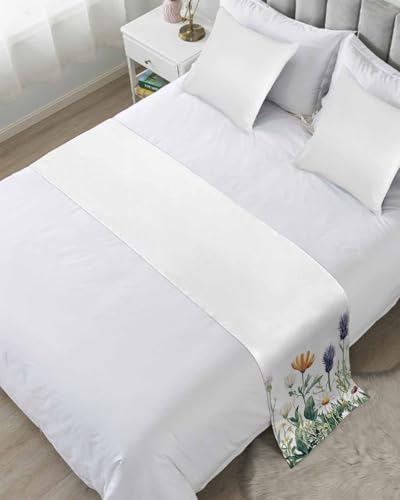 Spring Summer Floral Bed Runner for Full/Queen Size, Farmhouse Botanical Flowers Bedspread Protector Slipcover Bed Scarf for Foot Runners & Scarves for Bedroom Hotel Wedding Room 83x20 Inches