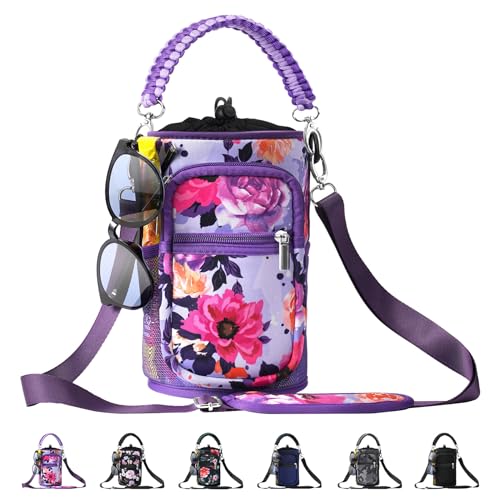 AceTreker 128 oz Neoprene Water Bottle Holder with Strap & Phone Pocket for Insulated Metal Hydro Jug, Water Flask Crossbody Sling Bag for Camping Trip-Purple Rose