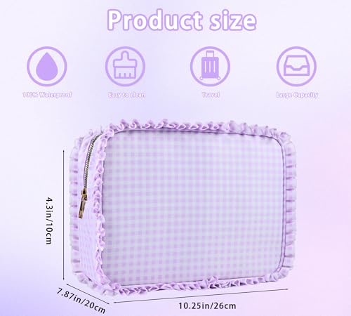 Gingham Ruffle Makeup Bag,Large Travel Cute Cosmetic Bag for Women Girls,Ruffle Pouch Toiletry Bag Make up Organizer (Purple)2
