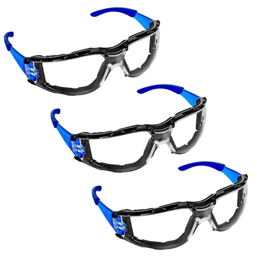 Kronabelle Lot de 3 lunettes de sécurité, verres en polycarbonate anti-buée et anti-rayures avec joint en mousse amovible, lunettes de protection contre les chocs, anti-poussière pour la construction