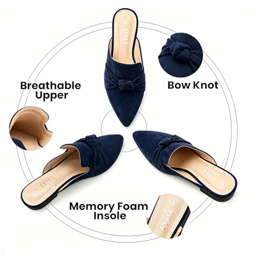 Image of MUSSHOE Mules for Women with Bow Knot: Pointed Toe Flats - Cloud-Cushion Suede Backless Loafers for Office & Casual Wear - Wide-Fit Friendly Slip On Slides with Memory Foam