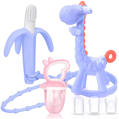Image of SHARE&CARE Baby Teething Toys for Girls and Natural Organic Fruit Feeder Pacifier/Baby Teether Chew Toys Fresh Food Feeder/ 1 Teethers and 1 Feeder with 3 Silicone Sacs(Purple)