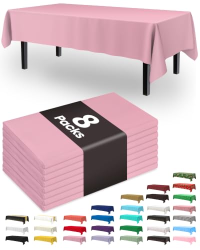 Image of Pureegg Plastic Table Cloth Disposable 8 Pack, 54 x 108 Inch Table Cloths, Easter Party, Valentines, Mothers Day Decorations, Tablecloths, Rectangle, Pastel Plastic Cover, Leakproof & Sturdy, Pink