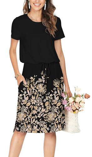 Image of Simier Fariry Womens Summer Hide Belly Knee Length Travel Dress Pocket Short Sleeve Midi Work Casual Outfits