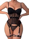 Lilosy Sexy Strappy Garter Belt Underwire Push Up Mesh Sheer Babydoll Lingerie Women Teddy Bodysuit Corset Bustier Chemise Nightgown Nightshirt See Through 2 Piece Black Medium