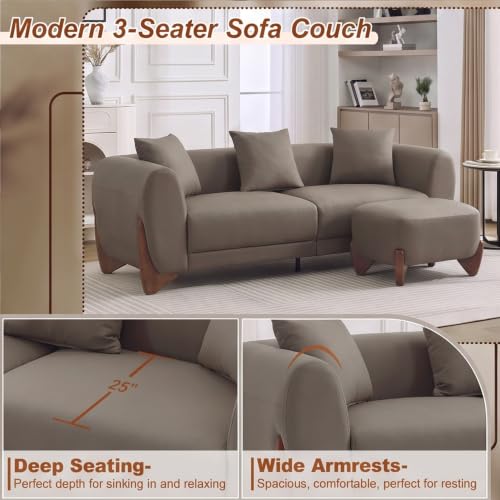 Image of 87 inch Faux Leather Cloud Couch with Ottoman, Modern 3 Seater Sofa with Solid Wood Legs 25 inch Extra Deep Seat Comfy Thick Cushion Upholstered Sofa Couches with 3 Pillows for Living Room, Tan