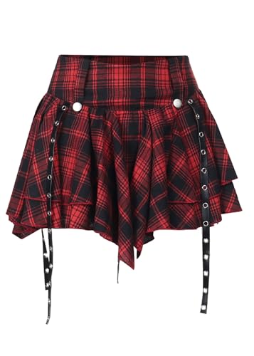 Pleated Skirts for Women Plaid Skirt Punk Goth Y2k Emo Skirt High Waisted A-line Flare Mini Skirts Red