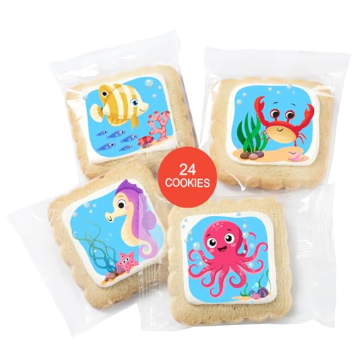 Image of Under The Sea Cookies Creatures Party Favors | Individually Wrapped 24 Pack | Fish Octopus Seahorse turtle Ocean Cookie snacks Treats for kids and Adults