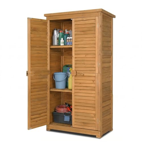 LEADZM Gartenschrank Holz für Außenbereich gartenhaus Holz 2 Regalböden geräteschuppen für Garten Terrasse Hof (Natur) 87 X 42X 160 cm