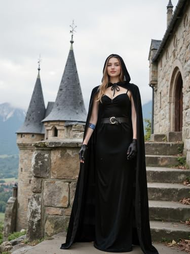 HOMELEX Black Witch Velvet Cloak Halloween Hooded Cape Queen King Robe Outfit Renaissance Medieval Costume4