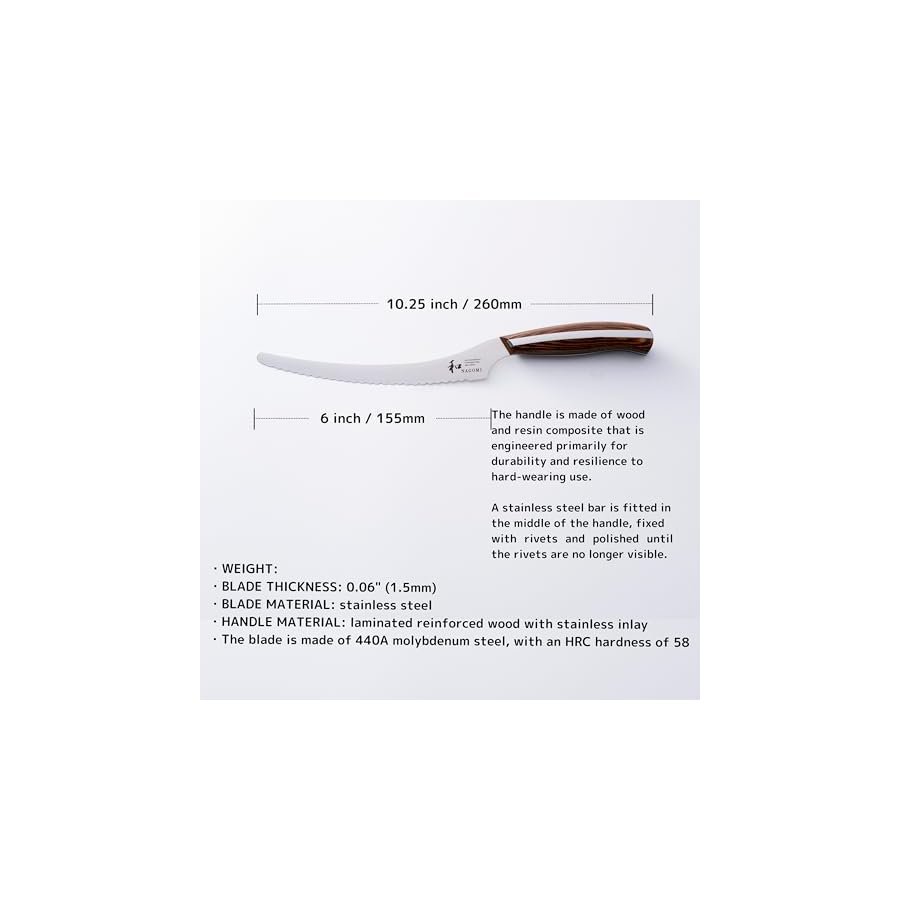 NAGOMI] 6 inch Serrated Cake Knife - Made in Seki, Japan - Blade in 440A and Comfortable Pakkawood Handle - Japanese Sharp Knife