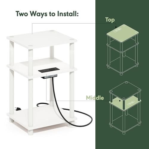 Image of Furinno Just 3-Tier Turn-N-Tube Open Storage Side Table, End Table with USB and Type-C Charging Station, White /White