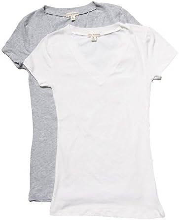 Active Basic Women's Plain Basic Deep V Neck T-Shirt with Cap Sleeves 2 Pk H Grey/White M