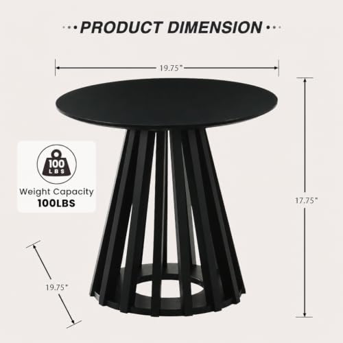 Image of HNY Round Fluted End Table, 19.7 inch Modern Black Side Table, Mid Century Wood Circle Bedside Tables Drink Table Nightstand for Bedroom, Living Room, Small Space