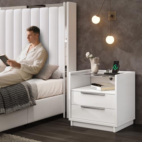 Image of AMERLIFE Nightstand, 23.6 inch End Table with Charging Station, Modern High Gloss Bedside Table with Glass Top, Spacious Drawers & Open Shelf, Easy Assembly, Bedroom Storage, White