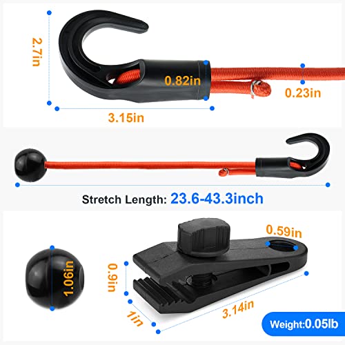 12Pacs Ball Bungee Cords With Adjustable Hooks & Tarp Clips Clamp Tie Down, 24Inch Heavy Duty Bungie Straps Elastic Bungi Rope Tie Down For Canopy Tarp Luggage Tent Pool Camping Car Kayaking #TOP1