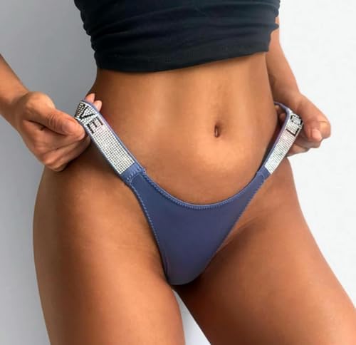 Image of Women's Lace Thong Panty with Rhinestone Strap, Ice Silk Hipster Bikini Brief, Breathable Underwear for Bridal, Honeymoon, Beach Wear and Daily Use