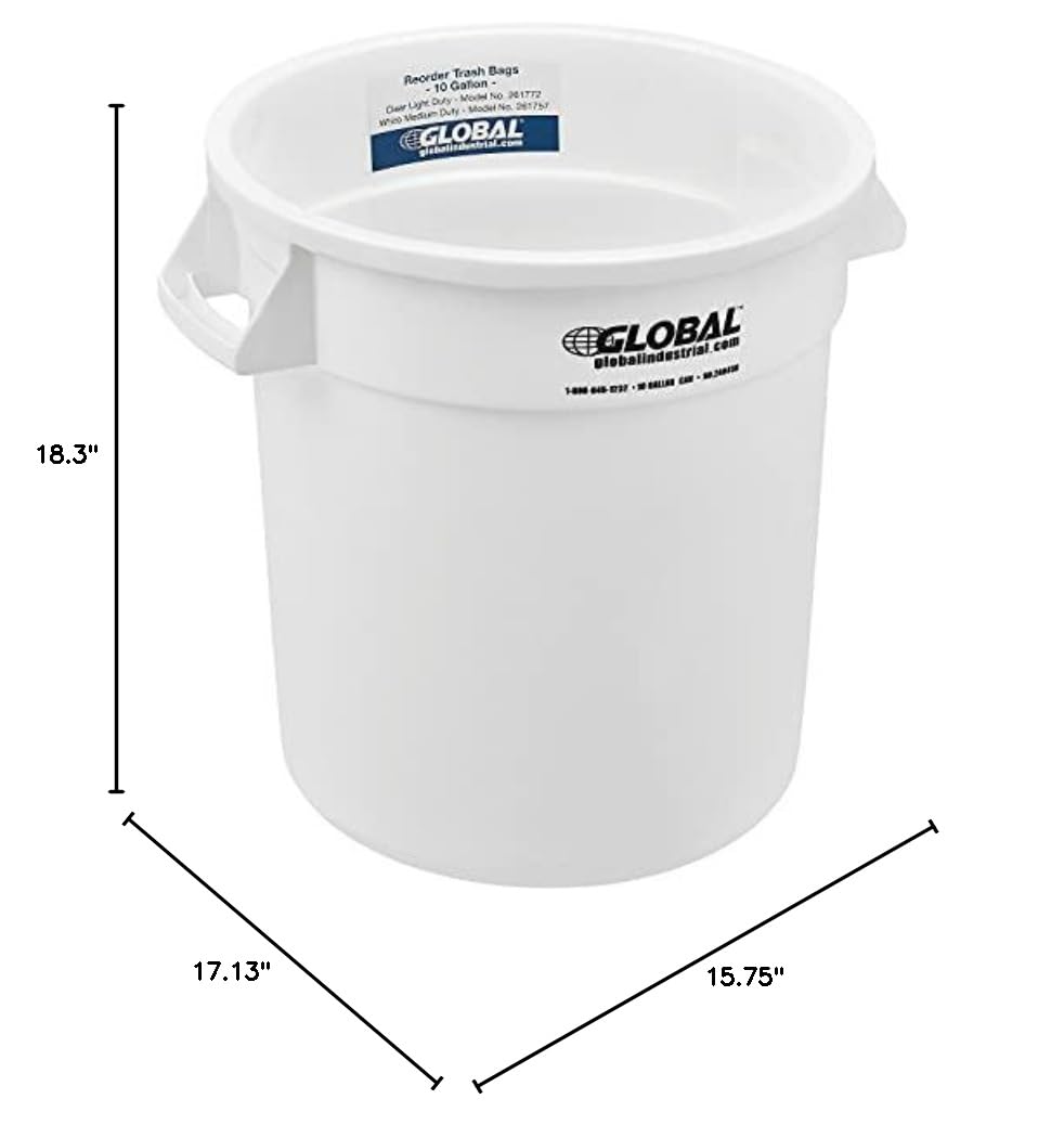 Global Industrial Commercial Round Trash Can, 10 Gallon Capacity, Plastic Garbage Can, Indoor and Outdoor Utility Trash Can, White, 15-5/8"W x 17-1/8"H, No Lid