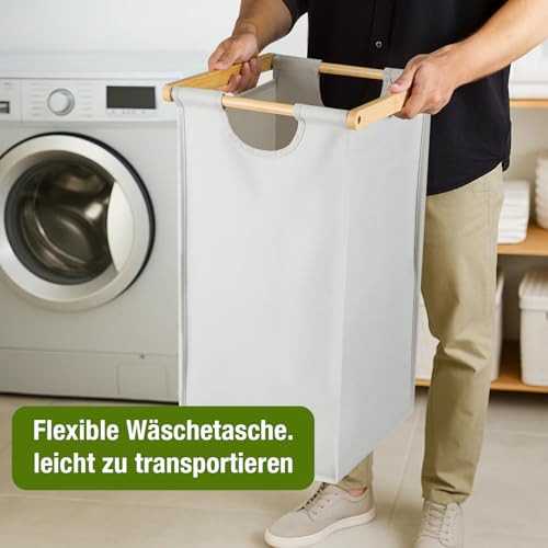 KingSaid Panier à Linge 3 Compartiments 135L en Bambou, Corbeille à Linge avec Étagère et Poches Latérales, Sacs Amovibles Lavables pour Rangement Buanderie (blanc) – vue 8