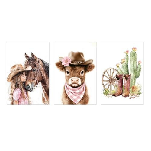 Image of Western Cowgirl Wall Art Set of 3 Nursery Decor Cowgirl Horse Canvas Prints Cactus Highland Cow Picture Western Animal Artwork for Baby Girls Bedroom Toddler Room Framed(11"x14"x3)