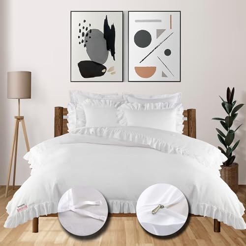 eBeddy Linens 800 TC Soft Egyptian Cotton Extra Large King 136x120 Size 3 PC Edge Ruffle Duvet Cover Zipper Closure & Corner Ties Durable and Fade Resistant, White