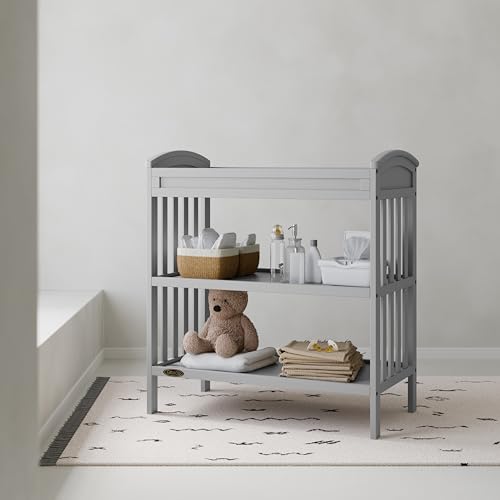 Image of Graco Benton Changing Table with Bonus Water-Resistant Changing Pad (Pebble Gray) - GREENGUARD Gold Certified, Includes Diaper Change Pad with Safety Strap, 2 Open Storage Shelves for Organizing