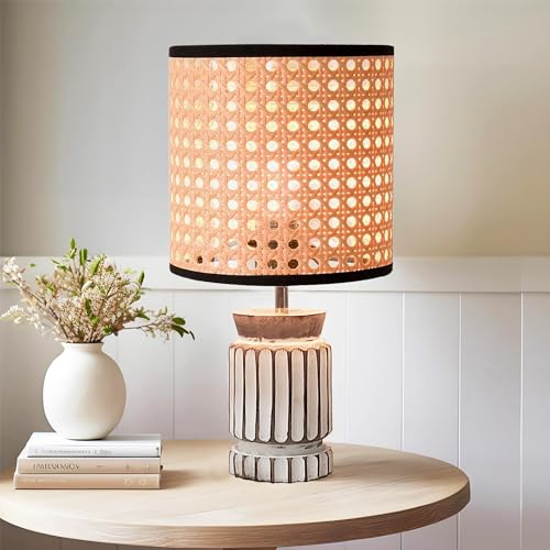 Image of Homesake Retro Farmhouse Table Lamp for Living Room Bedroom Rustic Linen Bedside Nightstand Lamps Table lamp for Living Room Table lamp for Study, Livra Collection, Carved Cylinder, (Rattan Cane)