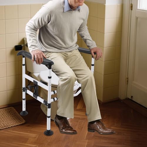 Toilet Safety Rails, Detachable Toilet Standing Aid with Adjustable Height and Width Stable Toilet Safety Frame with Handles Toilet Seat Risers for Seniors Disabled Can Supports 330lbs (Black)